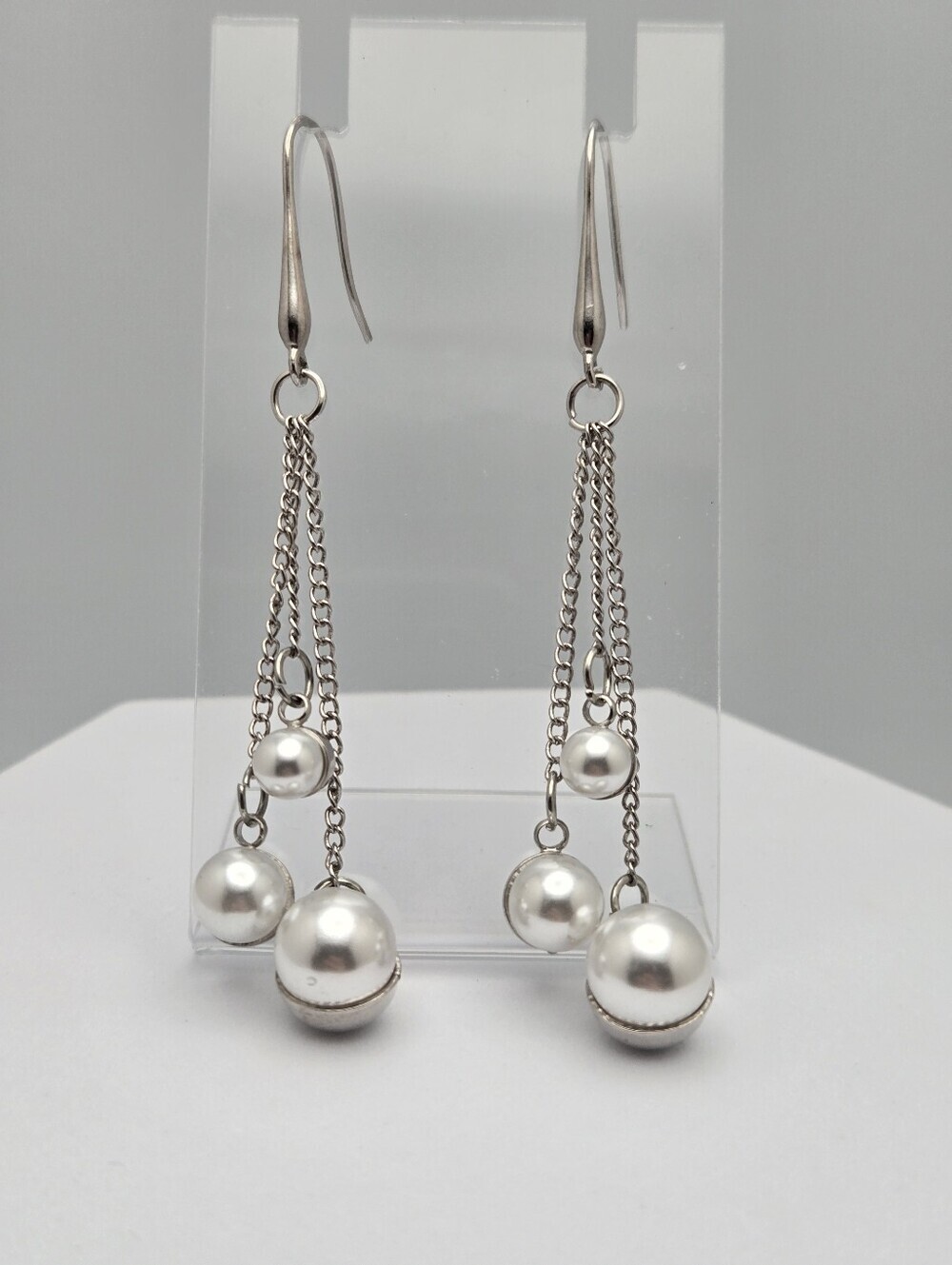 Triple Chain Faux Pearl Dangle Earrings Waterfall Drop French Hooks 3" Vintage